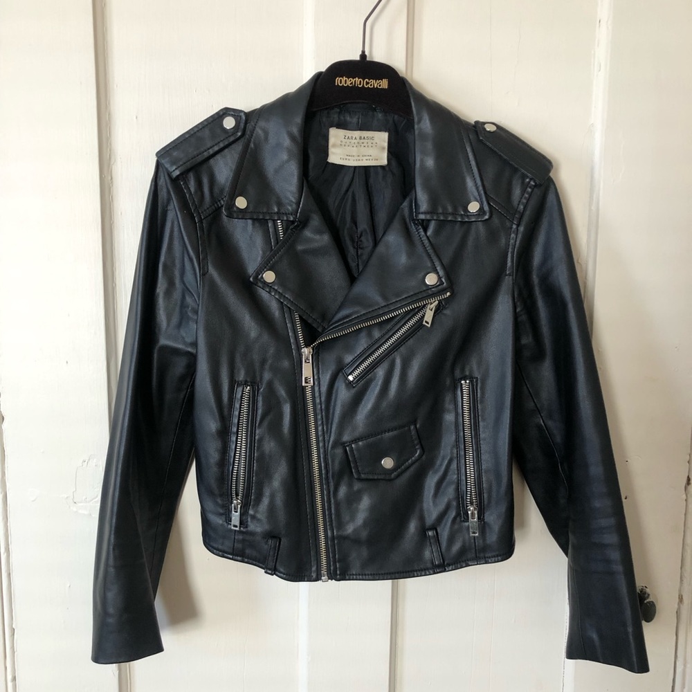 Zara Cropped Faux Leather Motto Jacket